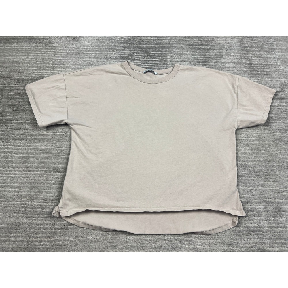Zara T-Shirt Womens Small Tan Oversized Short Sleeve High-Low Hem Side Slit Tee